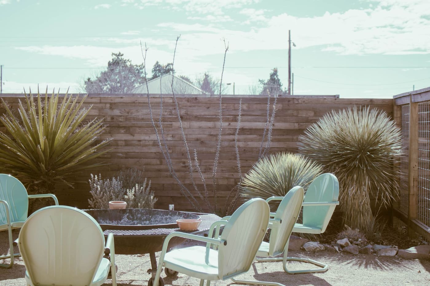 Small fenced backyard with light blue metal chairs and spiky plants on gravel